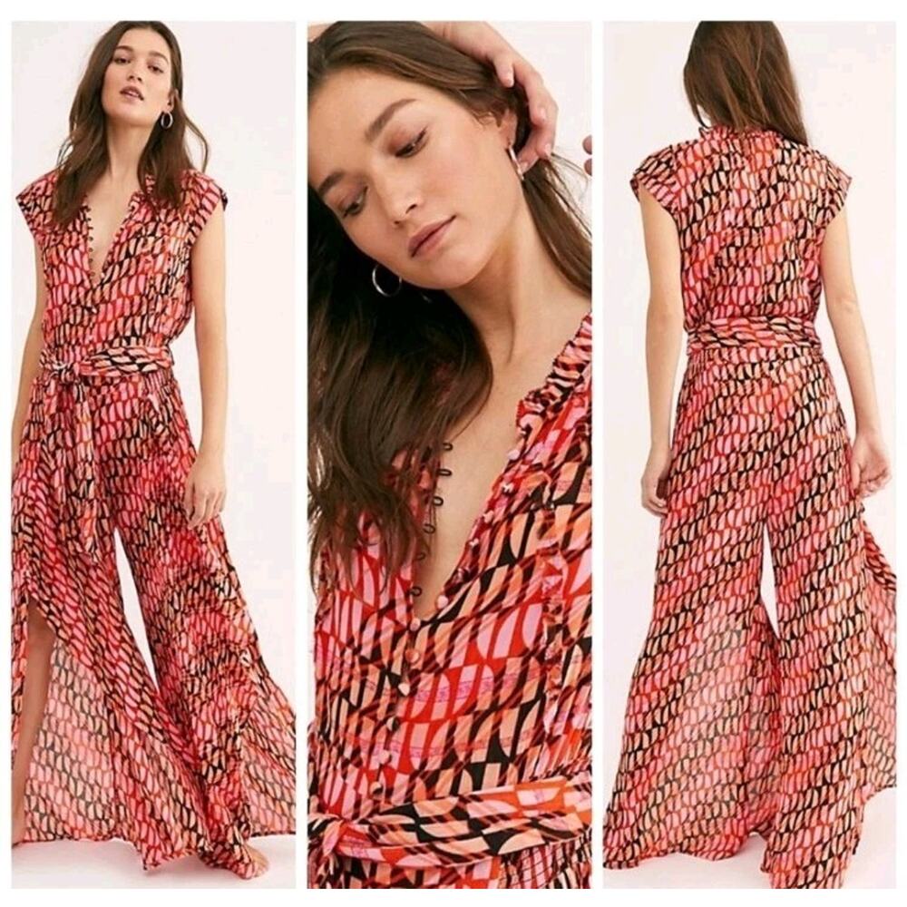 Free People Sahara Jumpsuit In Pink Abstract Print Women's M Wide Leg Boho Gypsy